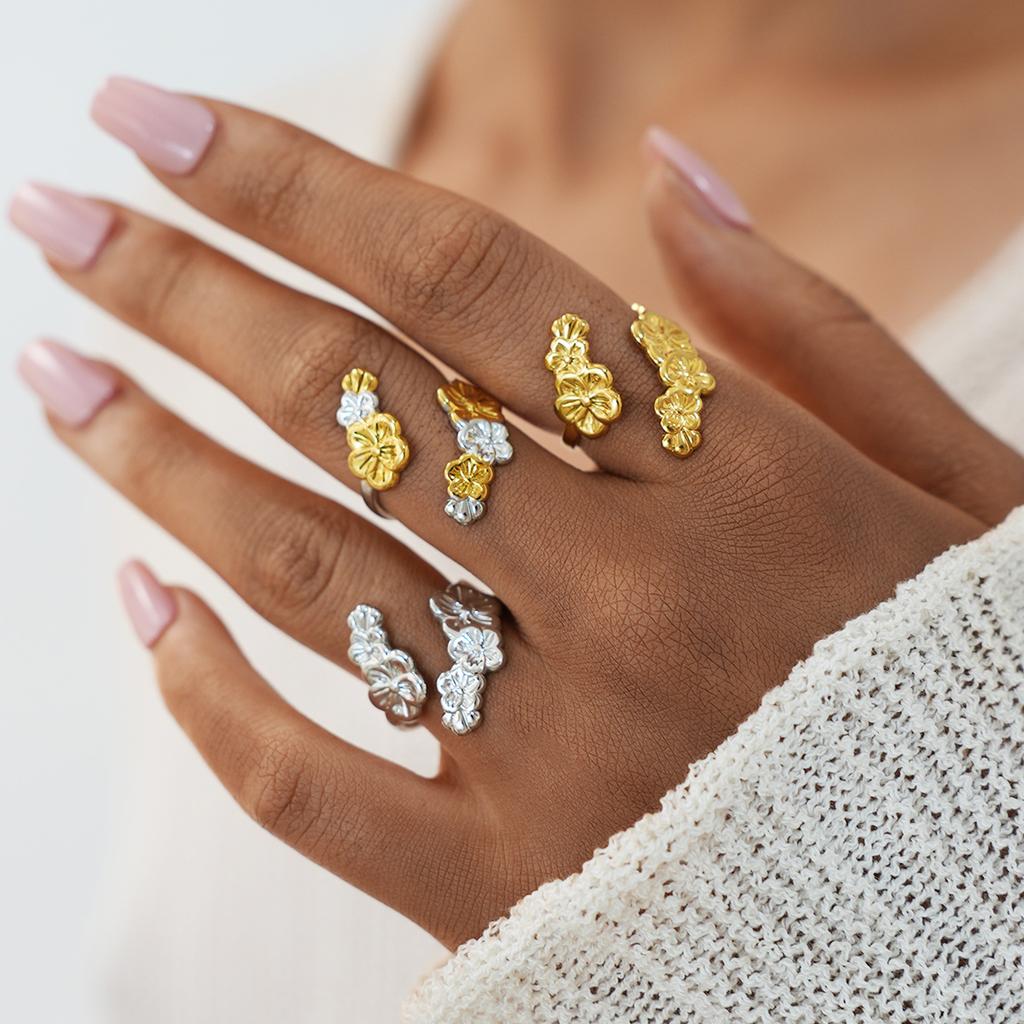 Stainless Steel Flower Rings for Women Men Vintage Five Petal Flower Opening Ring Summer Vacation Waterproof Jewelry Accessories