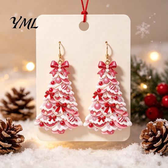 Christmas Jewelry for Women 2D Acrylic Earrings, Colorful Tree Dangle Earrings with Bow Holiday Party Decor, Lightweight Drop Jewelry, Decorations