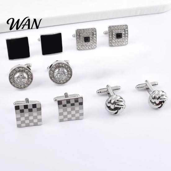 Classic Cufflinks 1 Pair Men Polished Smooth Surface Rhinestones Inlaid Rectangle Shirt Round Twist Shape Suit Button Replacement Accessories