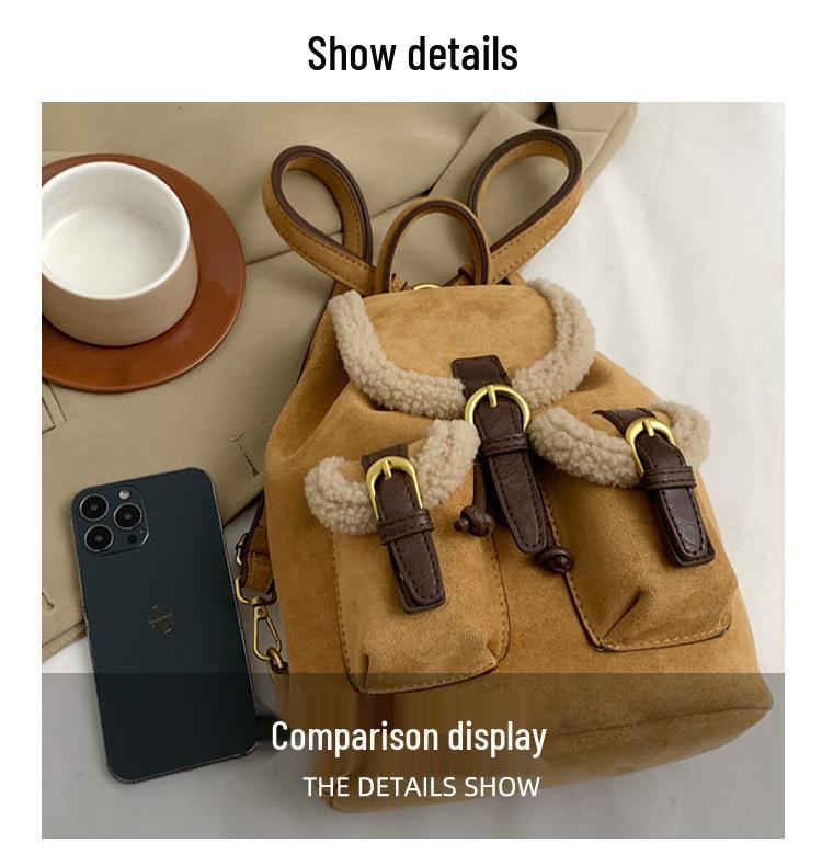 2025 Autumn/Winter Women's Retro Lambswool Color Block Handbag Backpack