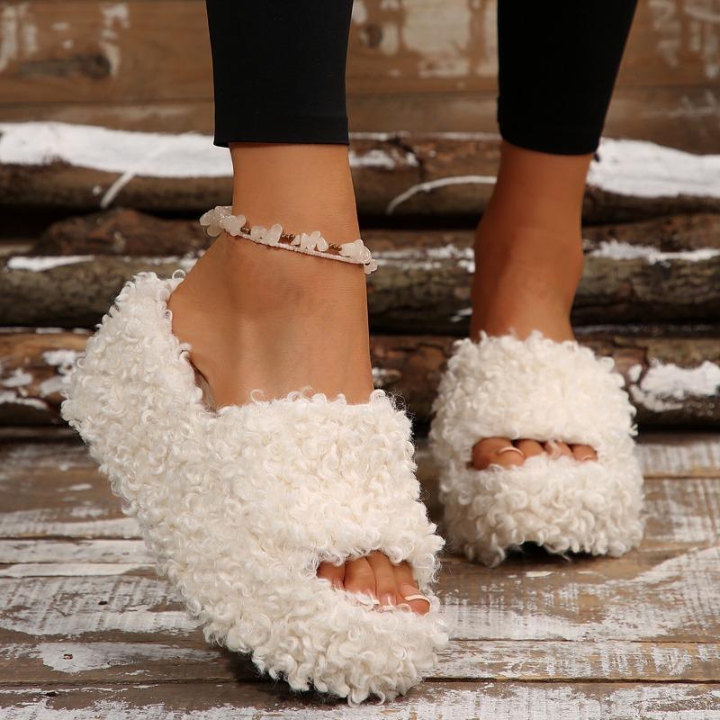 Fashion Fashion Solid Design Casual Thick Soled Cotton Slippers for Women 2025 Winter New Open Toes Comfortable Versatile Plush Draggers