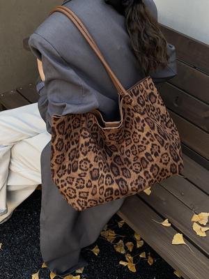 Korean Retro Suede Leopard Print Large Shoulder Bag - 2025 Autumn Commute Edition