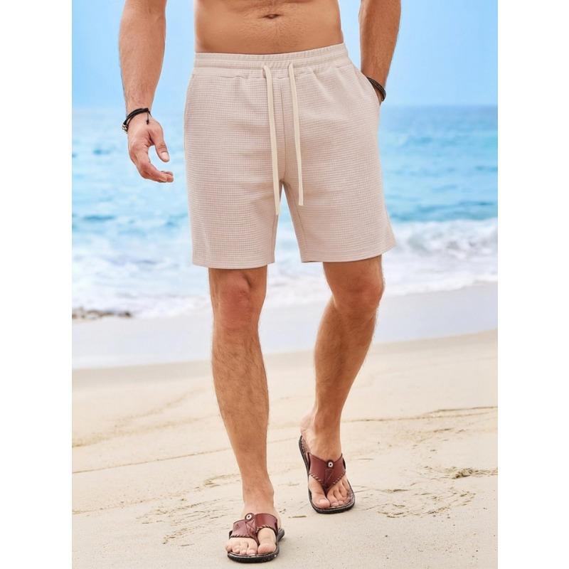 Mens Waffle Solid Color Drawstring Casual Shorts