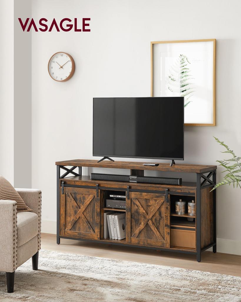 VASAGLE TV-Schrank, 65 Zoll TV-Ständer, mit verstellbaren Regalen, Scheunentüren, Bauernhaus-Design, Metallrahmen, Rustikales Braun und Schwarz