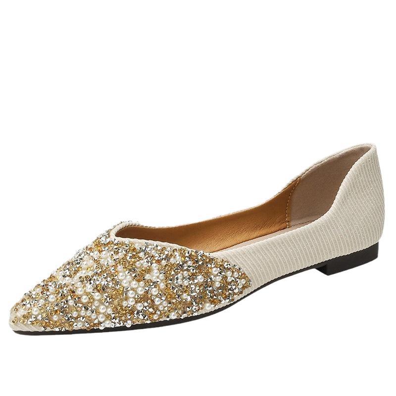 Spring and summer 2025 new pointed rhinestone single shoes women's shallow mouth flat bottom casual fairy wind ladyshoes large size women's shoes