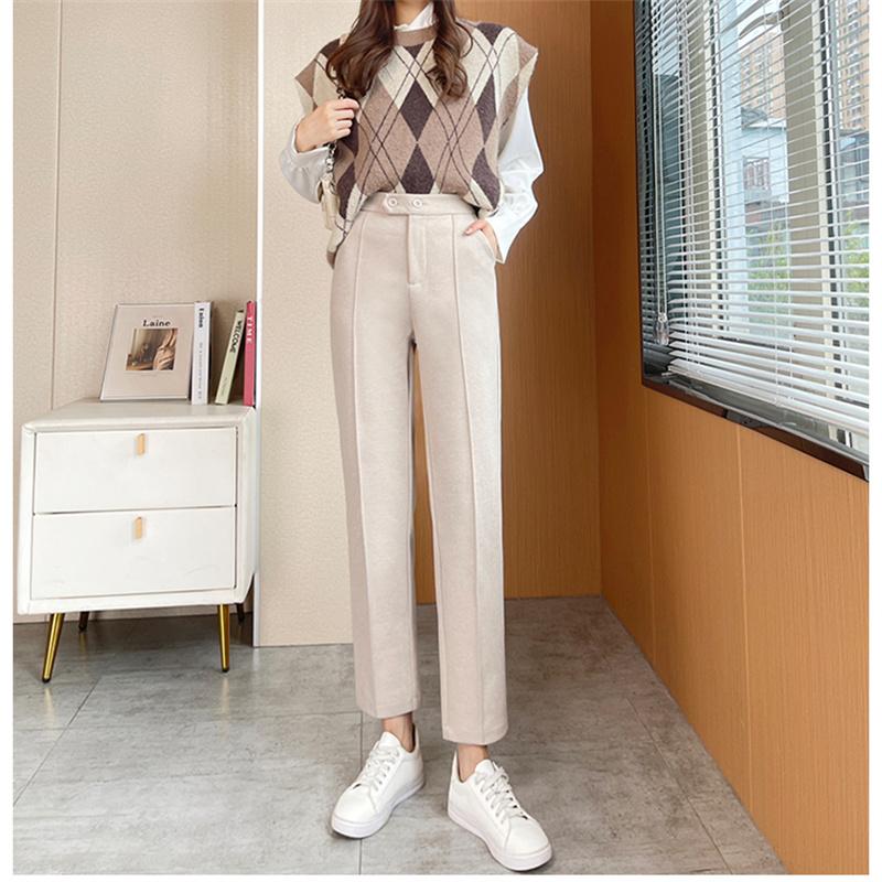 Autumn Winter Fashion Harajuku Thickening Warm Casual Pants Loose Trousers High Waist Korean Slim Women's Woolen Pencil Pants