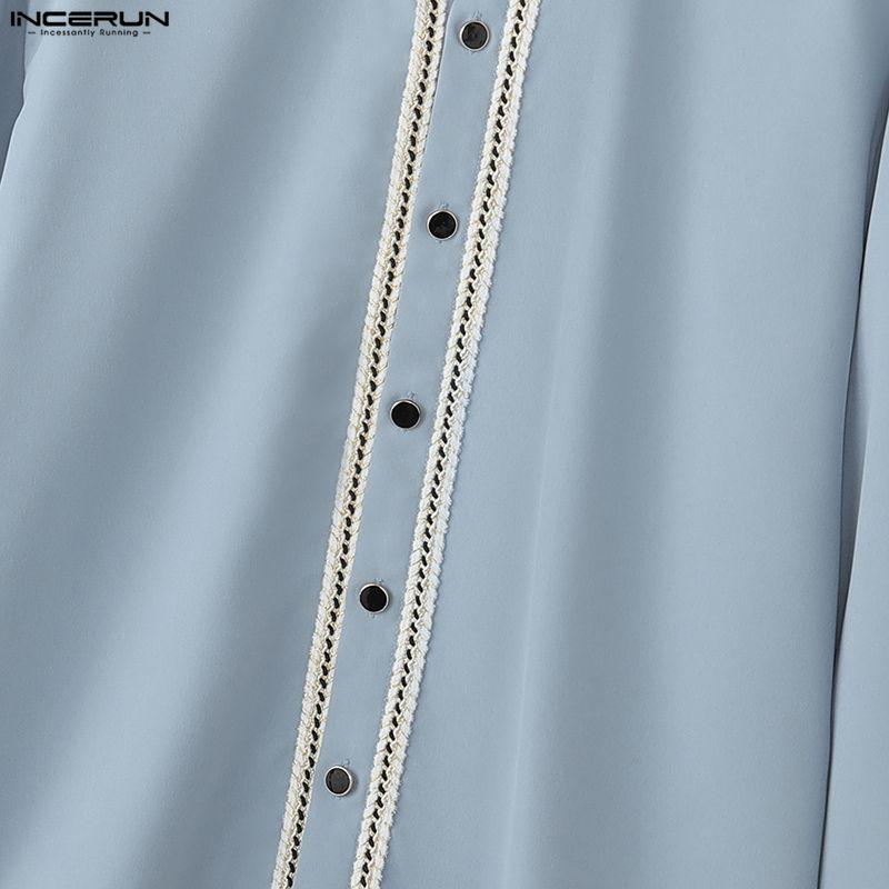 INCERUN Men Stand Neck Stitching Buttons Up Casual Long Sleeve Shirts