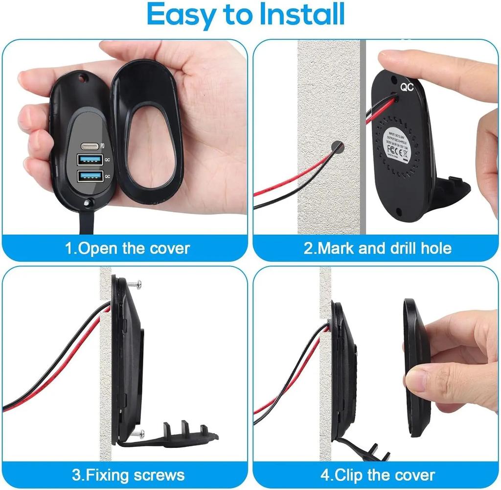 3-Ports 12V-24V Car Charger USB Outlet Type-C PD3.0 Dual QC3.0 Panel Wall Surface Mount Fast Charger Adapter for RV Marine Bus