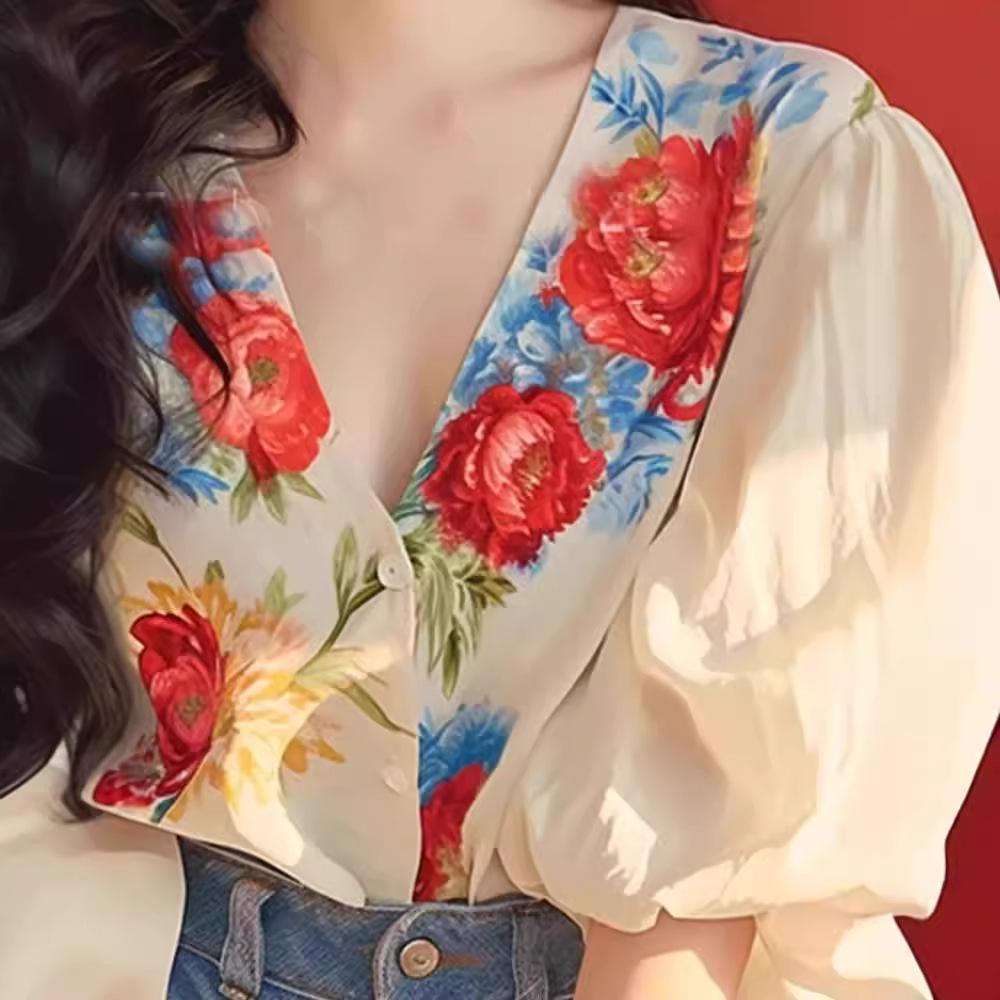 2024 Trendy Floral Puff Sleeve Blouse for Women - Stylish and Unique Summer Top
