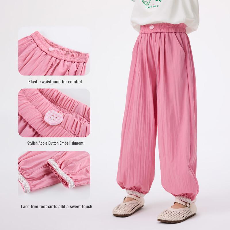Girls' Elastic Waist Lace Cuffed Wide-Leg Pants with Apple Buttons