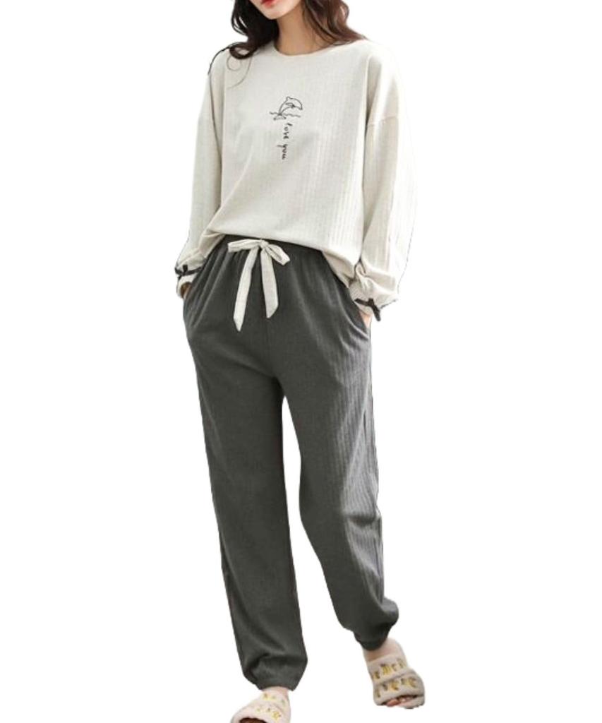 Pajamas for Long Long Cute Crew Roomwear [MowaLef] Women, 100% Cotton, Spring/Summer, Sleeves, Pants, Cotton, Nightwear, Neck, (L, Gray)