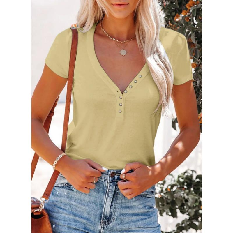 2025 Spring and Summer New European and American Clothing Sexy V-neck Top T-blood Short-sleeved Women