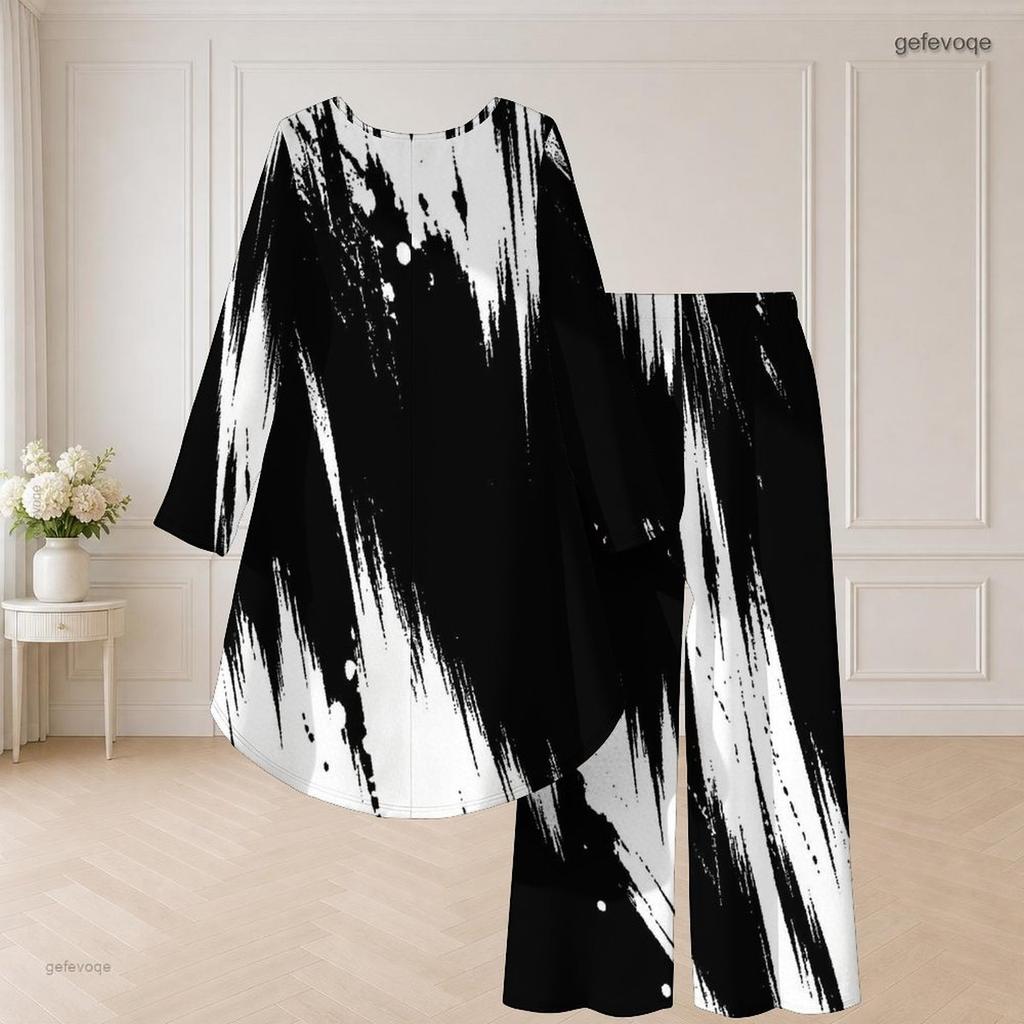 Women Plus Size Two Piece Pants Set Round Neck Long Sleeve Printed High Low Top Wide Leg Pants Black White