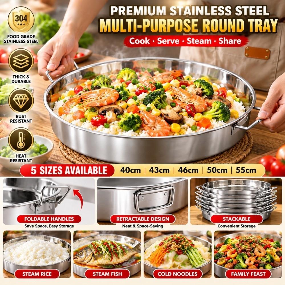 Stainless Steel Steaming Tray with Handle Noodles Rice Plate Vegetable Fish Pan Kitchen