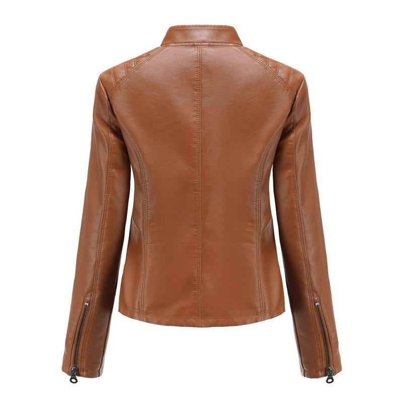 VANGULL Brand Women's Leather Jacket Casual Stand Collar Slim Fit Jacket Coat Spring Autumn Solid Color Coat