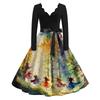 Women's Vintage Long Sleeve V-Neck Halloween Witch Print Party Dress