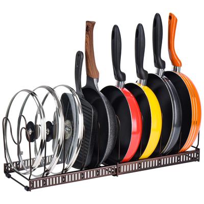 Toplife Extendable Frying Pan Rack, Kitchen Storage Rack with 10 Compartments, Pot Stand, Frying Pan and Pot Lid Rest (Brown)