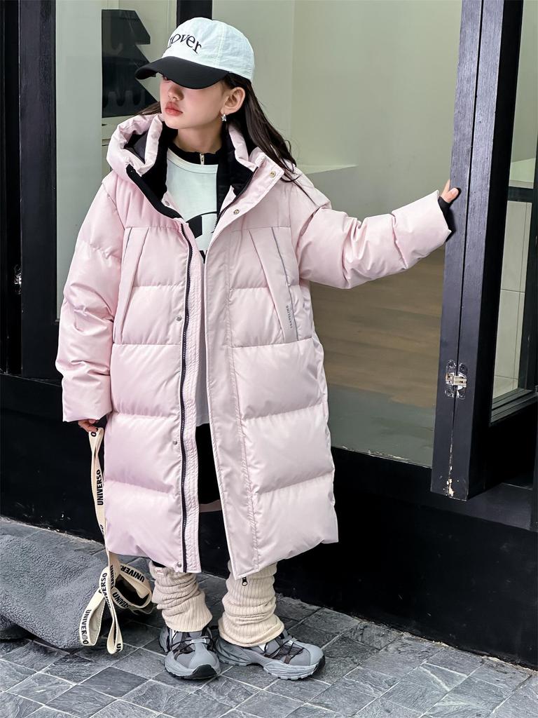 2025 Kids' Fashionable Mid-Length Hooded Down Jacket - Thickened White Duck Down for Girls