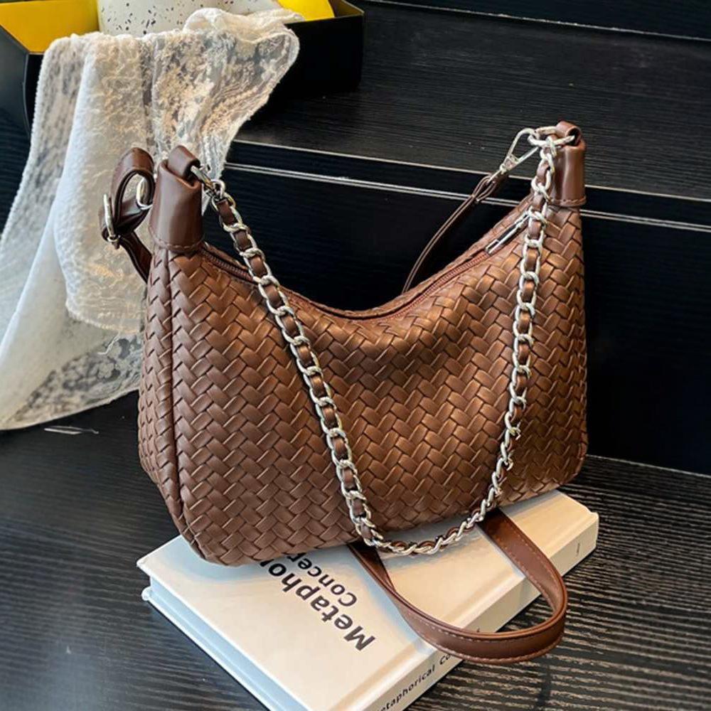 Autumn 2025 Women's Large Woven Crossbody Tote: Solid Color Handheld & Shoulder Bag