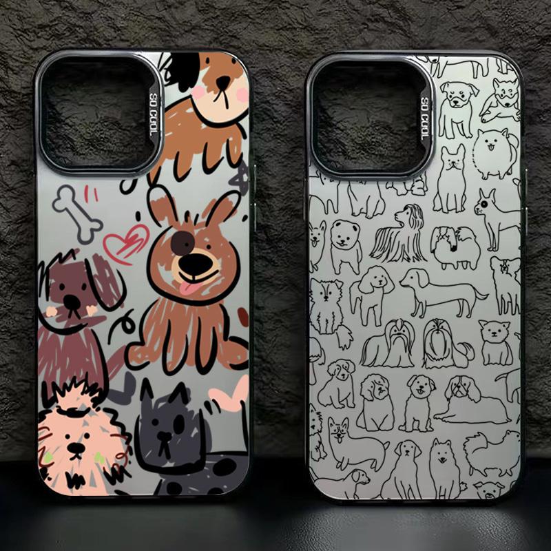 Funny Graffiti Dogs Phone Case For iPhone 15 16 Pro Max 14 13 12 11 X XS XR 7 8 Plus SE 2 3 Electroplate Silver IMD Cute Cover
