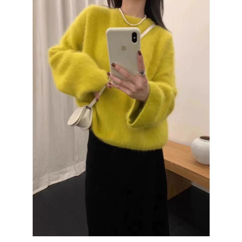 Lemon yellow round neck mohair sweater autumn and winter versatile temperament mink fleece soft waxy knitted sweater