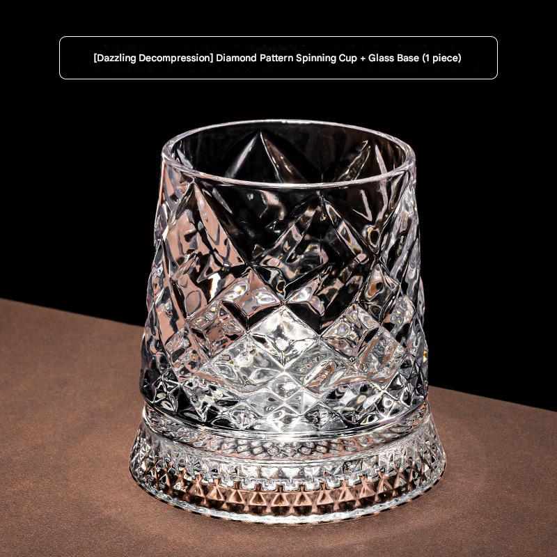 280ml Crystal Rotating Whiskey Glass with Base Diamond Cut Ice Flower Bubble Pattern Spinner Cup for Home Bar Party Gifts