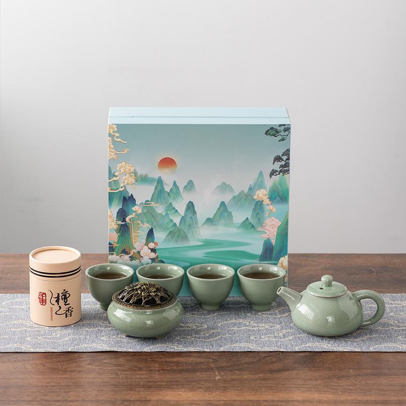 Guochao Business Dragon Boat Festival Mid-Autumn Festival Gift Tea Set One Pot Four Cups Ge Yao Xi Shi Pot Sandalwood Combination Set