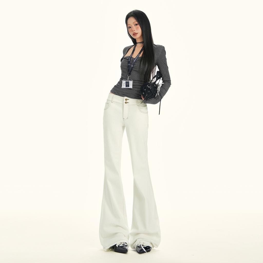American retro beige slim double-breasted design micro-flared jeans Yichun