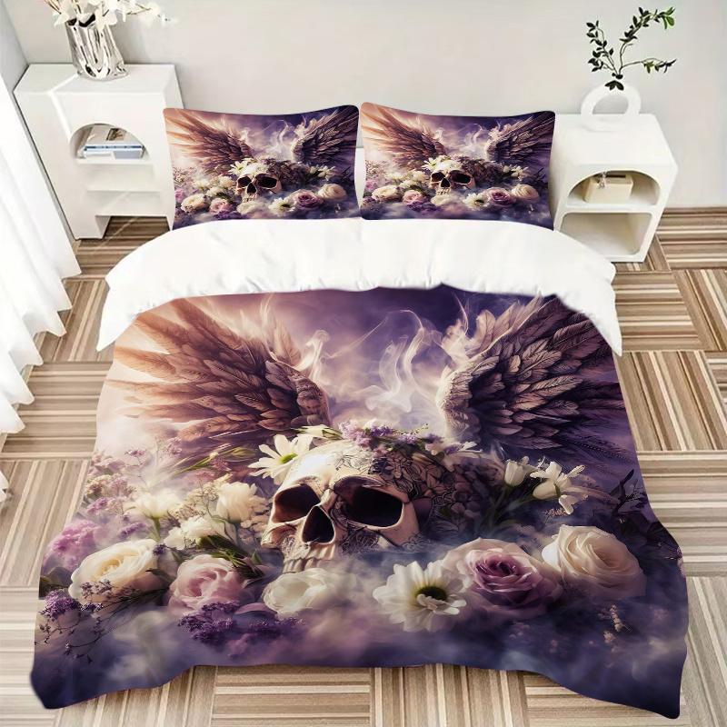 3pcs Angel Skull Printed Bedding Set, Soft and Comfortable Quilt Cover for Bedroom, Guest Room (1 Duvet Cover + 2 Pillowcases, Pillow Core N
