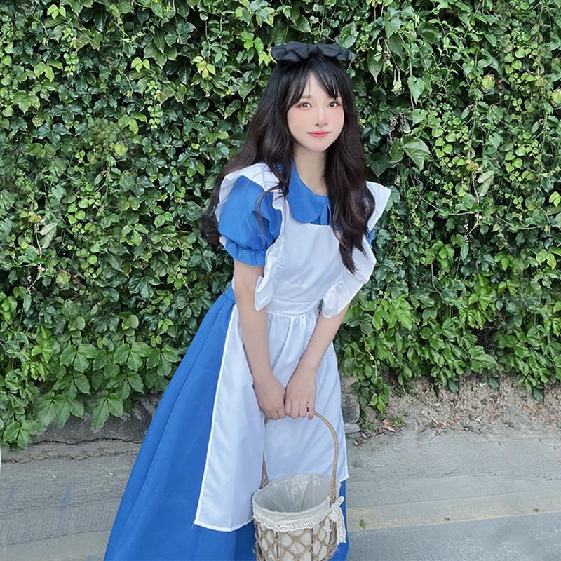 Alice In Wonderland Halloween Cosplay Dress Lolita Maid Outfit Short Sleeve Sweet Princess Costume Blue Set