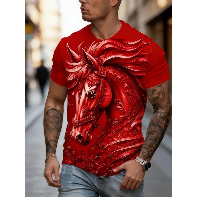 Fashion Men s Crew Neck T-Shirt 3D Color Printing Pony Short Sleeve Crew Neck Short Sleeve XS