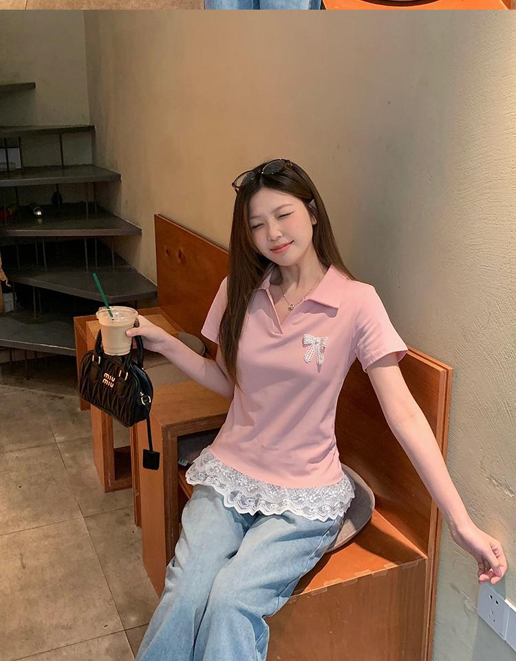Plus Size Lace Hem Bow Collar Short Sleeve Top for Women - Summer Slimming Polo Style