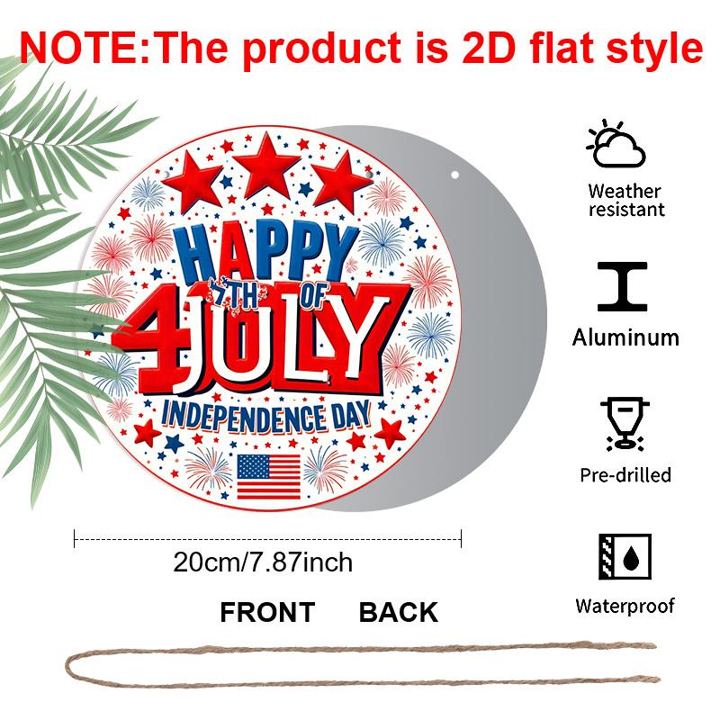 2D Flat, 1pc Round Aluminum "Happy 4th of July Independence Day" Sign, Patriotic Stars & Fireworks Metal Plaque, Red White Blue USA Flag Design