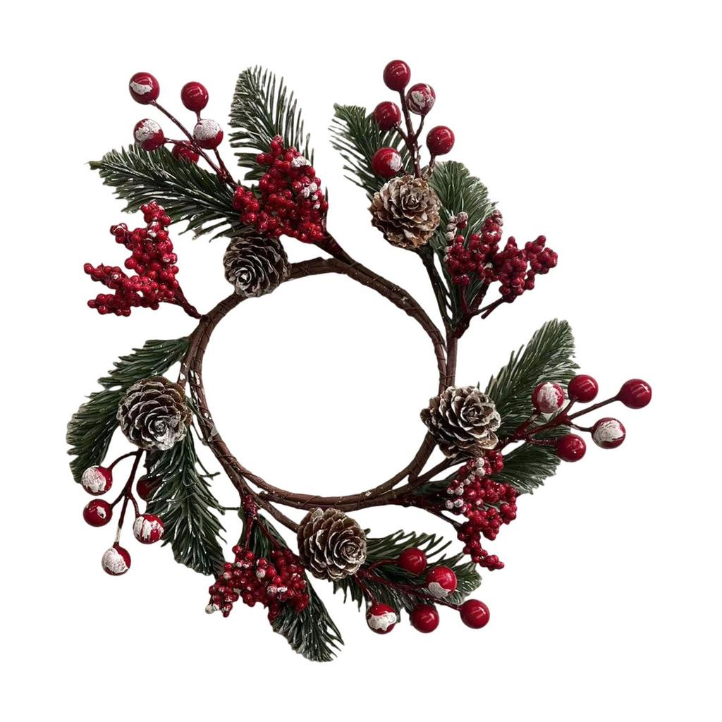 Christmas Candle Ring Decoration Holiday Handcrafted Farmhouse Decor Realistic with Red Berry Garland for Wall Birthday Decor