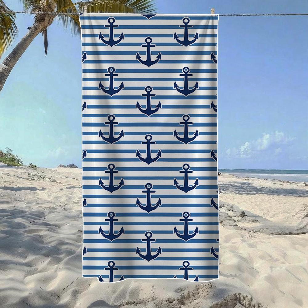 Sailboat & Anchor Stripe Pattern Beach Towel, Soft Quick-Drying, Perfect For Portable Outdoor Travel, Camping And Summer Beach