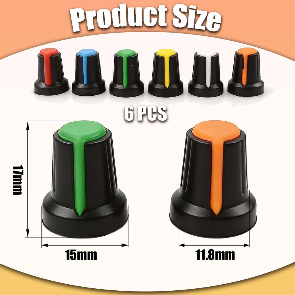 LvYiLinggg Potentiometer Knob 6mm Inner 6 Color Knob Hole Durable Volume Guitar Knob 1517mm, Diameter, Cap, D-Shaft Compatible, 180°, Plastic,