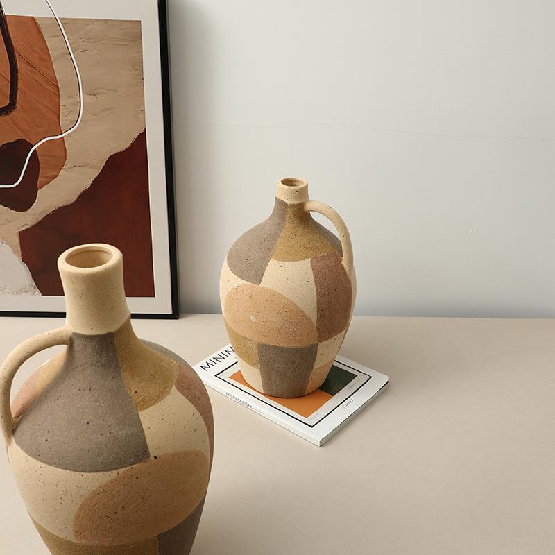 Ceramic Vase Checkered Color-blocked Geometric Handle Pot Ceramic Bottle Flower Vase Home Decoration Accessories