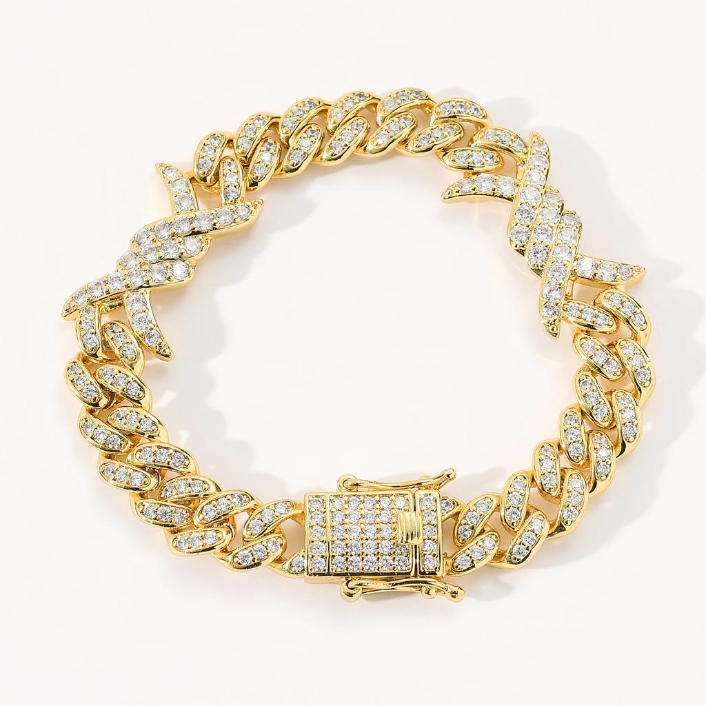 Neues Design Hip Hop Rap Schmuck 14K Gold Plated Bling CZ Iced Out Dornen Kubanische Kette Armband für Damen und Herren