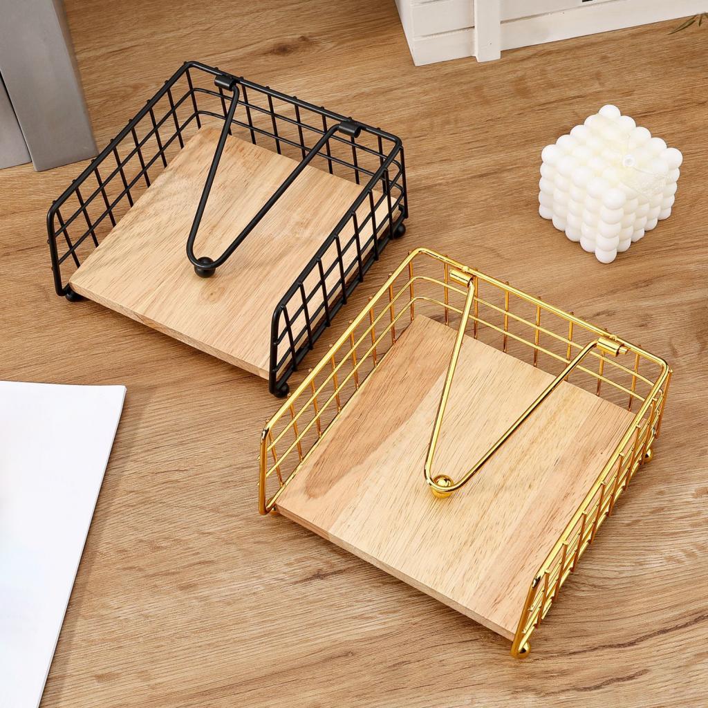 Serviettenhalter Flacher Serviettenspender Quadratischer Eisen-Papierhalter mit Holzsockel für Küche Esszimmer Restaurant Dekoration