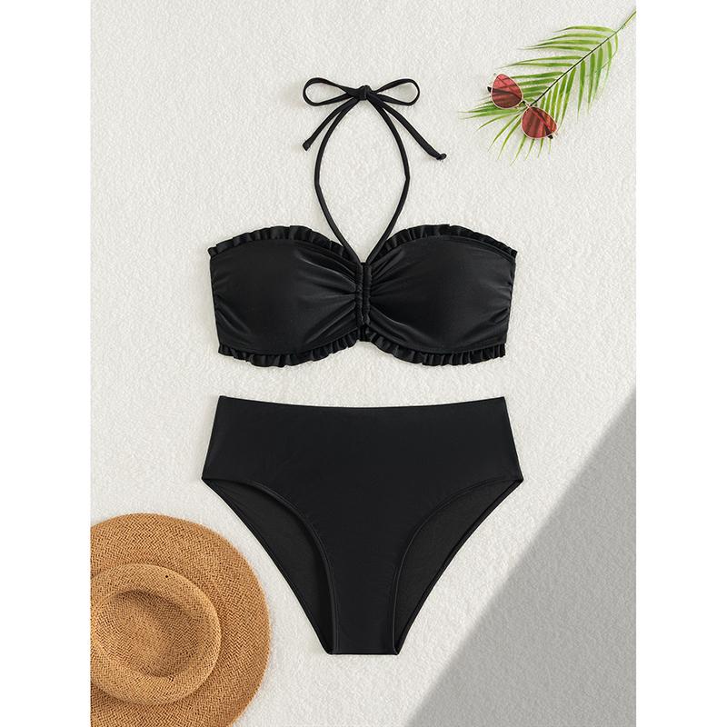 Solid Color 2 Piece Swimsuit Sexy Ruffle Strapless Backless Bikini Set Beach Vacation High Waist Swimwear Bathing Suit