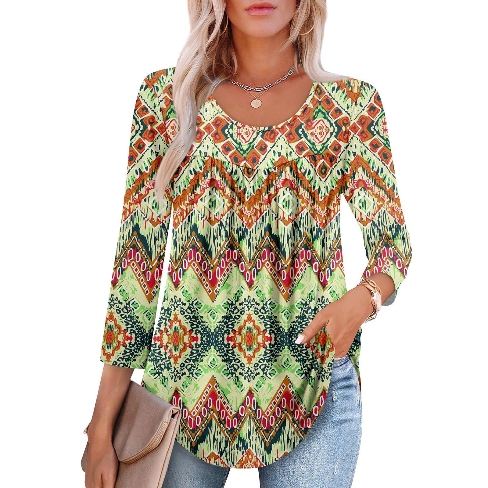 

Women s Fashion Seven Sleeve Top Round Neck Pleated Casual Printed Top XXL
