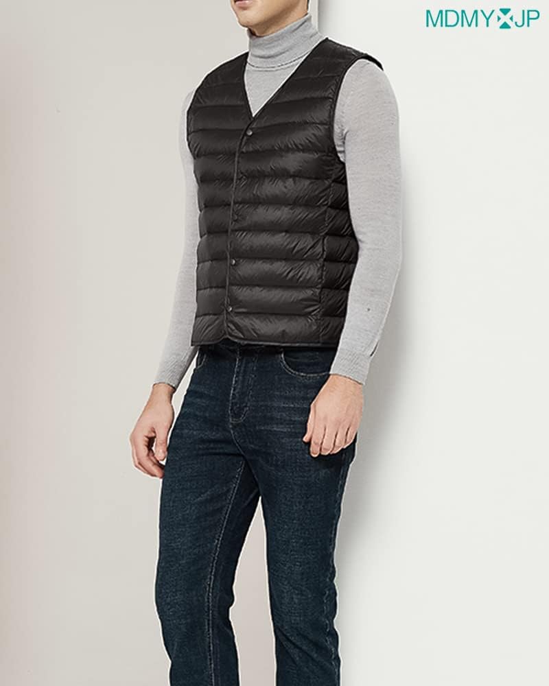 MDMYXJP Collarless Down Ultralight Inner Cold Compact MD108 Men's Vest, Vest, Lightweight, Weather, Storage, (M, Black)
