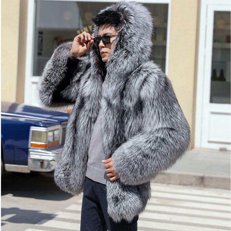 Casaco de pele de vison masculino com capuz de grama de pele de vison de uma peça casaco de pele de vison inteiro de raposa prateada jaqueta casual
