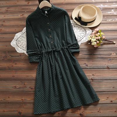 Abito da donna taglie forti primavera autunno abito colletto alla coreana a pois verde abito blu navy elegante mini abito a maniche lunghe