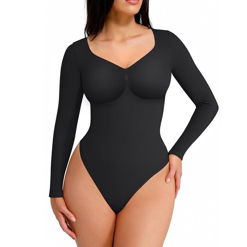 

Women s Slim-fit Long-sleeve Seamless Bodysuit with V-neck and High-elastic Tummy Control Thong Design - Dark Medium