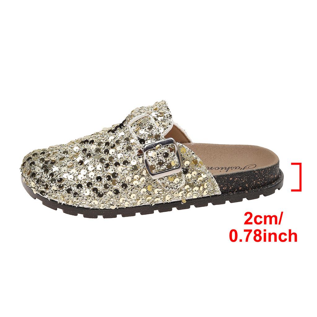 Flat Shoes for Women Clog Sandals Sparkly Slip-On Slippers Cork Footbed Indoor Outdoor Comfort Mules Women's Round Closed Toe Arch Support Slides