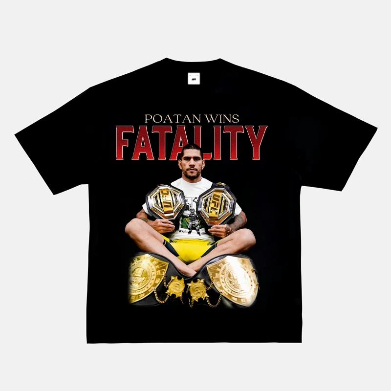 2025 New Fashion 100% Cotton Men T-shirt Fight Y2k Printing Short Sleeve American Retro Small Neckline Fighting Top Retro Top