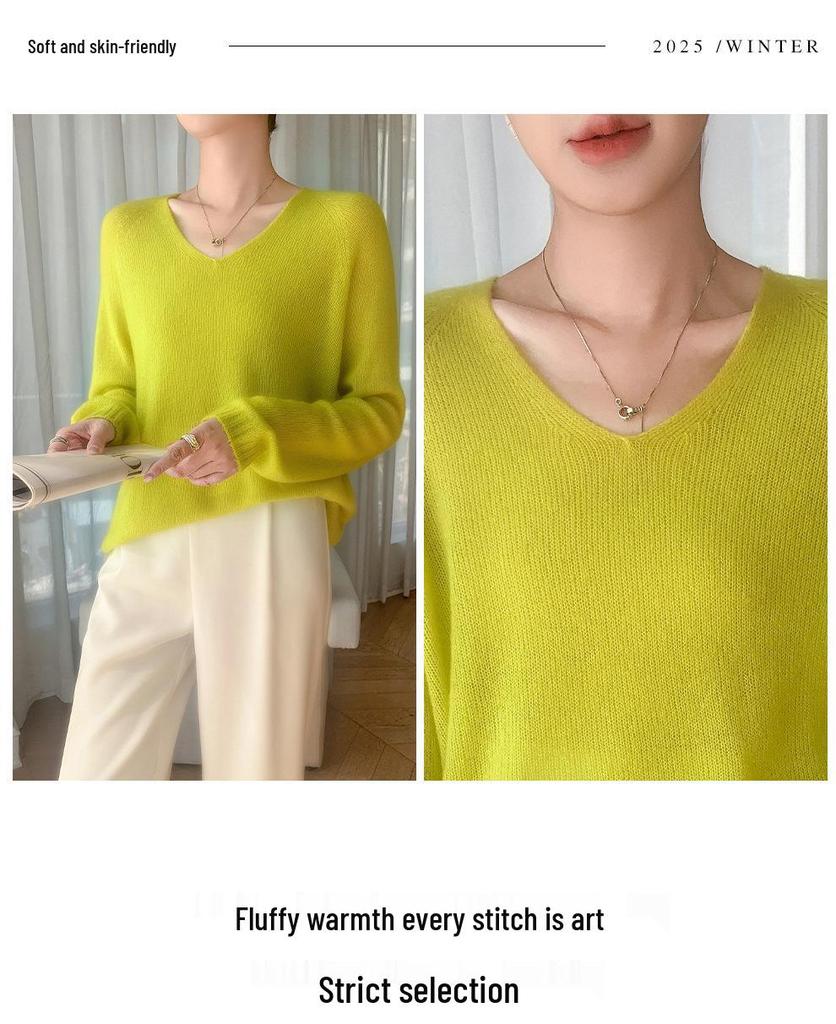 Mulberry Silk V-neck Sweater: Soft, Lightweight Velvet Knit, Women's Loose Fit for Autumn/Winter.