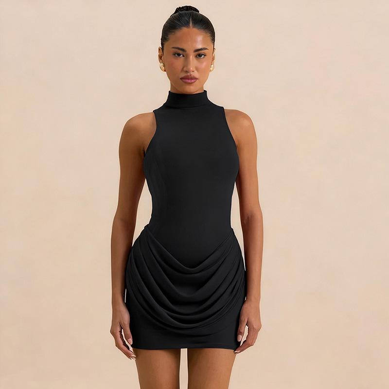 

European and American women s clothing spring and autumn new sexy semi-turtleneck solid color sleeveless shrinkage Zou short hip-wrapped dress S чёрный