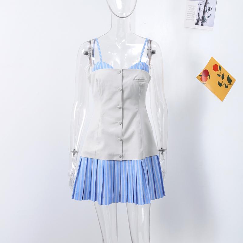 Patchwork Contrast Color Dress Pleated Hem Women Slim Sweet Strap Single Breasted Dresses Blue Y2K College Style 2025 Summer